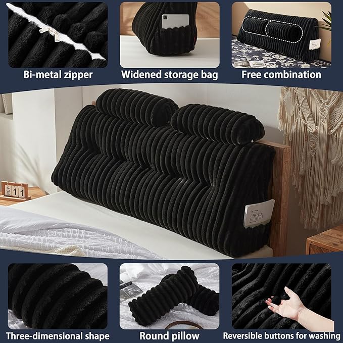 Faux Fur Headboard Pillow with 2 Pack Neck Roll Pillow Large Headboard Pillow Soft and Supportive with Removable Cover (Black, Queen)