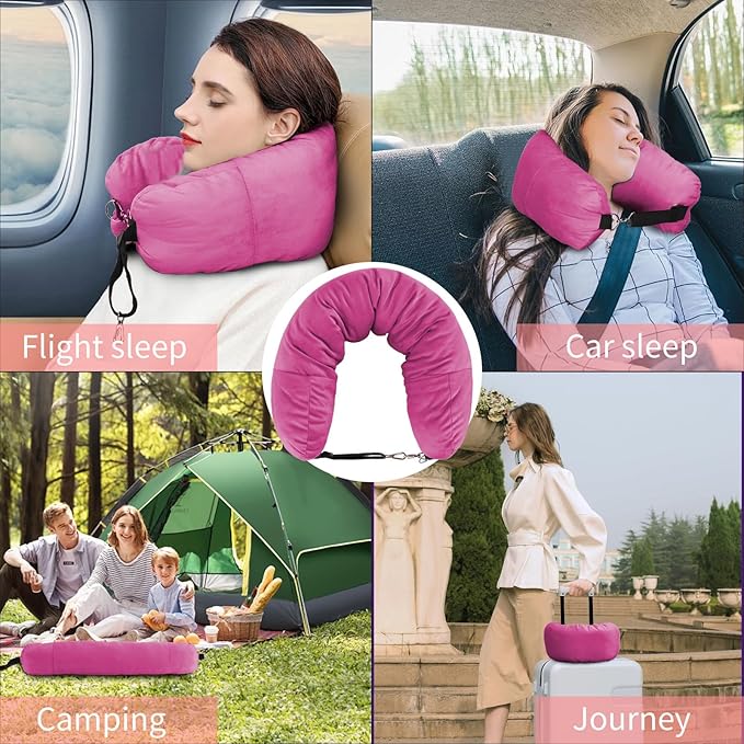 Stuffable Travel Pillow for Extra Luggage, Travel Neck Pillow Stuffable with Clothes, Stuffable Neck Pillow for Travel, Velvet Travel Neck Pillow Storage Bag, Fillable Luggage Pillow (Strong Pink)