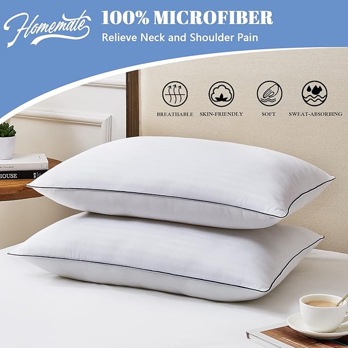 Homemate Bed Pillows for Sleeping - Queen Size(20"x28") Set of 2 Hotel Quality Pillows Allergy Friendly Microfiber Shell Fluffy Down Alternative Filling Pillow Suitable Back Stomach or Side Sleepers