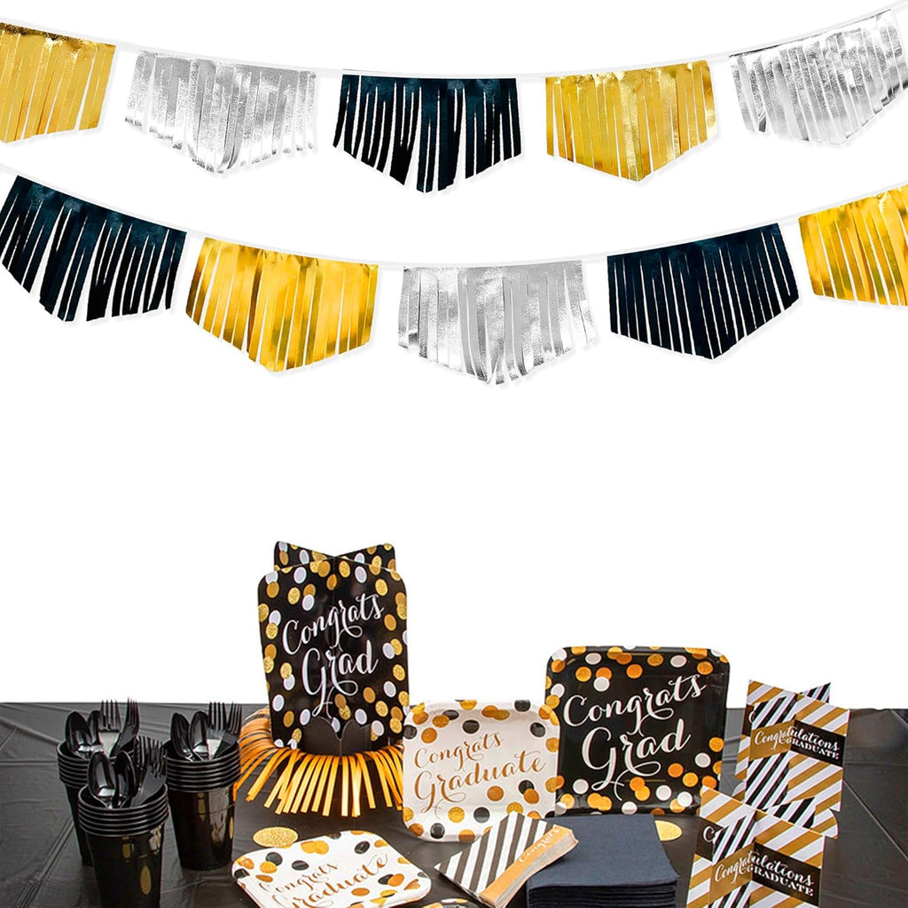 Black Silver Gold Tassel Banner Double Sided Metallic Fabric Pennant Bunting Flag Garland for Graduation Birthday Anniversary Bachelorette Engagement Wedding Bridal Shower Party Decorations Supplies