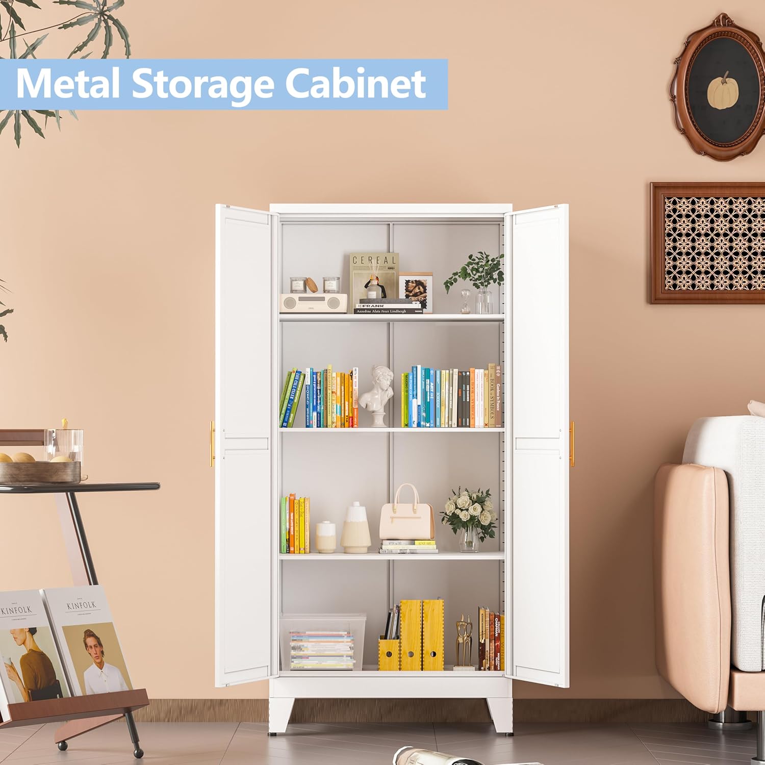 White Metal Storage Cabinet, 48" Steel Cabinets for Home Office, Kitchen Pantry Storage Cabinet with Doors and 3 Adjustable Shelves, for Office, Home, Garage, School