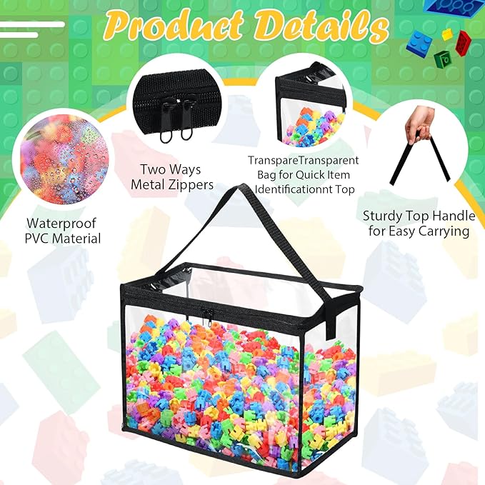 3 Pcs Toy Storage Bags with Zipper, Large Clear PVC Organizing Bags, Waterproof Toy Bags for Building Blocks, Board Games and Beach Toys Storage (Black)