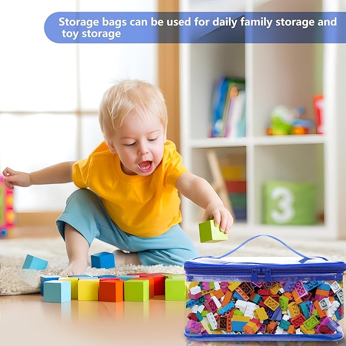 3 Packs Clear Toy Storage Bags- 9.4 x 6.7 x 4.3 Inch Transparent PVC Toy Organizing Bags with Zipper- Waterproof Toy Storage Organizer Pouch for Building Blocks, Small Toys (Blue)