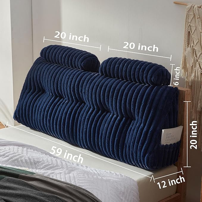 Faux Fur Headboard Pillow with 2 Pack Neck Roll Pillow Large Headboard Pillow Soft and Supportive with Removable Cover (Blue, Queen)