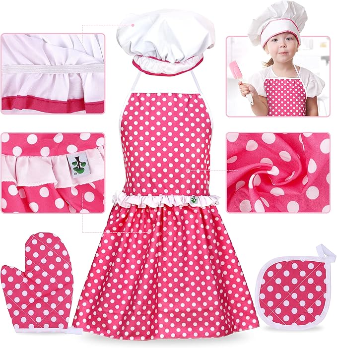 Kids Cooking and Baking Supplies Set 38 Pcs Includes Apron Hat Mitt and Decorating Supplies Dress Up Chef Costume Role Play Gifts for 3 4 5 6 7 8 Year Old Girls Boys