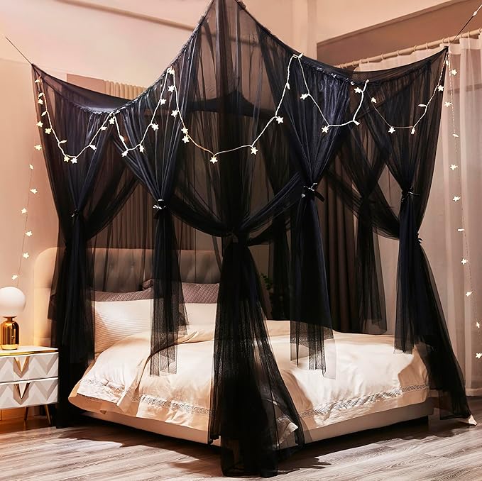 Mengersi Bed Canopy Canopy Bed Curtains with Lights- 4 Corners Post Royal Bed Drapes Mosquito Net- Elegant Bedroom Decoration Accessories for Adults(Full,Black)