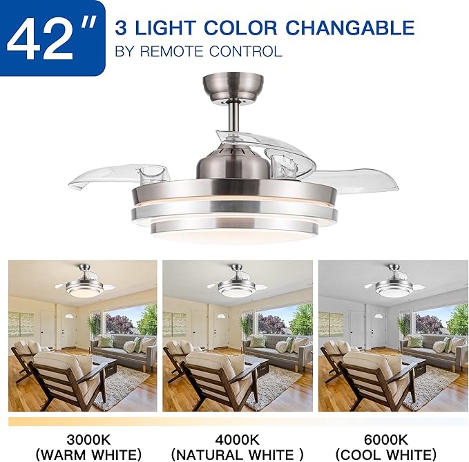 NicBex Ceiling Fan 42 Inch Ceiling Fan with Lights Ceiling Fans with Remote Control and 3 Retractable Blades Ceiling Fan with 6 Gear Wind Speed for Bedroom, Living Room, Silver White