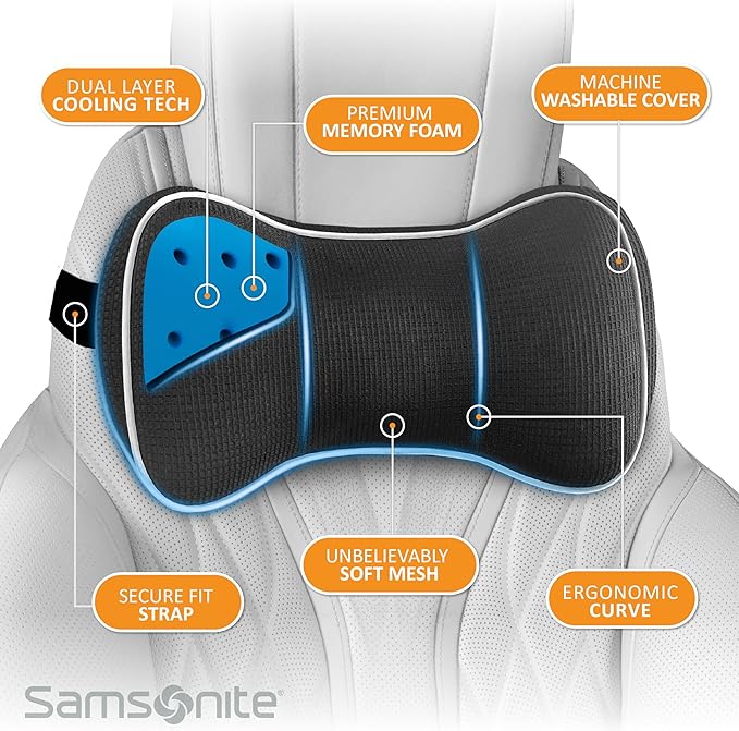 SAMSONITE, Infused-Gel Car Neck Pillow with Airflow Memory Foam, Headrest Support Cushion for Driving, Universal - Fits Any Vehicle, Including SUVs and Trucks, Washable Cover, Black…