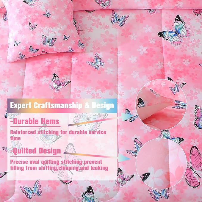 JQinHome 6 Piece Butterfly Comforter Set Twin, 3D Pink Flower Printed Butterfly Bedding Set,All Season Microfiber Butterfly Theme Home Decor Bedding for Girls with Sheet Sets(Pink)