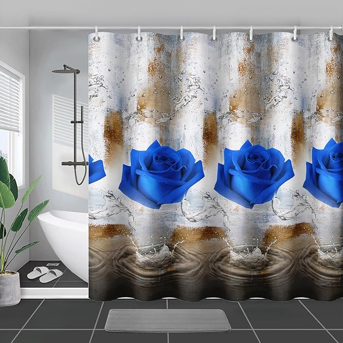 AILONEN Blue Rose Shower Curtain for Girls 3D Rose Water Droplet Retro Bathroom Decor,Modern Rose Flower Couple Lover Women Bath Curtain 72" W*72" H Polyester Waterproof Bathroom Curtain with Hooks