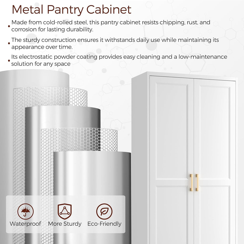 71" Tall Metal Pantry Cabinet, White Kitchen Pantry Storage Cabinet with 4 Adjustable Shelves and Gold Handles, Cupboard for Kitchen, Dining Room, Living Room, Bathroom