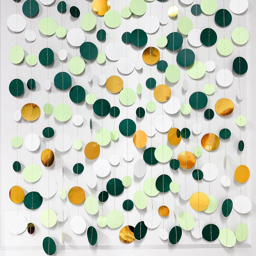 46 Ft Sage Green Gold Party Decorations Polka Dots Garlands Hanging Paper Circle Dots Streamer for Safari Wild Woodland Jungle Theme Birthday Baby Shower Graduation Wedding Party Decorations Supplies