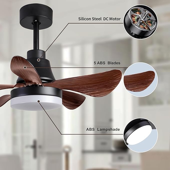 NicBex Ceiling Fan 28 Inch Ceiling Fan with Lights Ceiling Fans with 5 ABS Blades and Remote Control DC Motor Ceiling Fan with Down Rod Mount for Bedroom, Living Room, Brown
