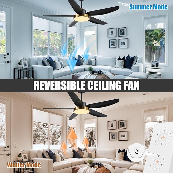 Modern Ceiling Fan with Light and Remote Control,56''Ceiling Fan with 3 Color Lights,Memory Function,5 Blades,6 Speeds,Outdoor Fan and Light for Living Room,Bedroom,Kitchen,Black Gold