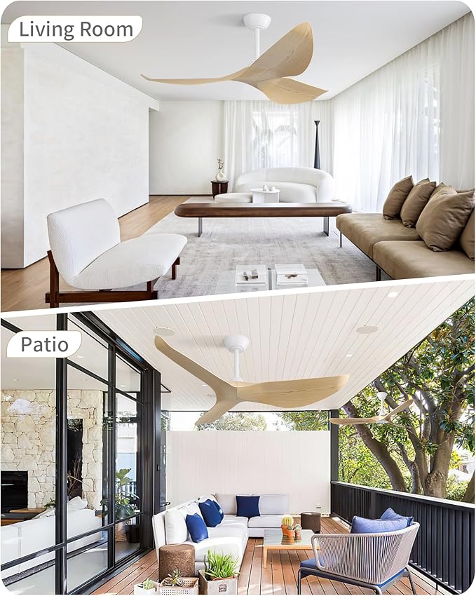 CACI Mall Ceiling Fans Without Lights - 52 Inch Flush Mount Ceiling Fan with 6 Speeds 3 Timer Remote, Quiet Reversible DC Motor and 5"/10"/25" Replacement Downrods (Light Wood Blades)