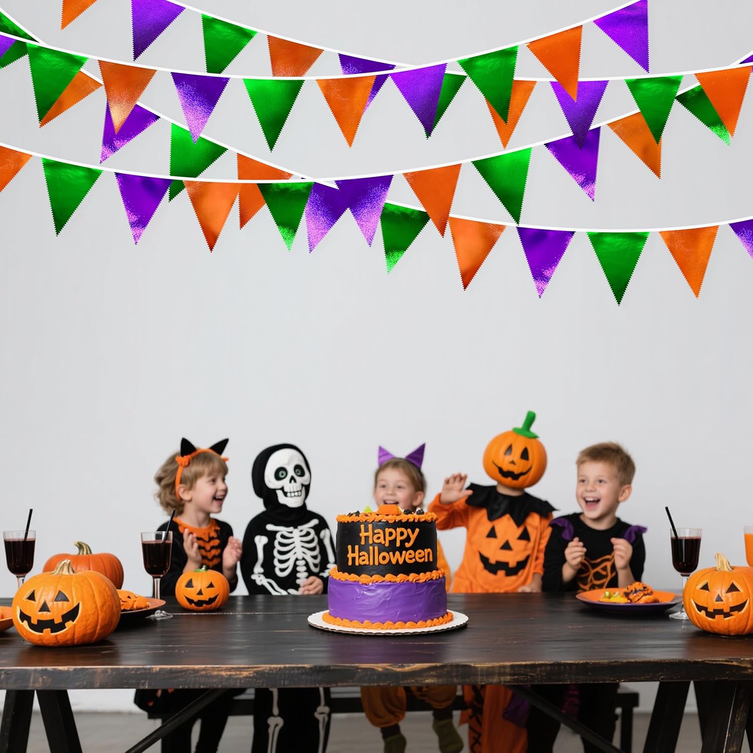 Halloween Party Decorations Metallic Fabric Green Orange Purple Triangle Pennant Banner Flag Bunting for Trick or Treat Spooky Hey Boo Happy Halloween Holiday Birthday Baby Shower Party Supplies