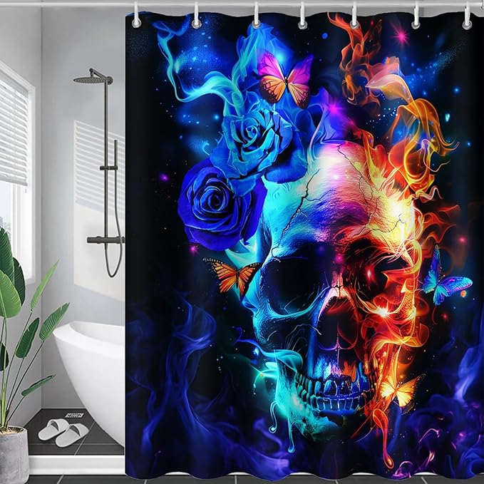 AILONEN Sugar Skull Shower Curtain,Blue Rose Flower Skull Bath Curtain,3D Printed Fire Skull Waterproof Curtain,Galaxy Butterfly Shower Curtain for Bathroom 72" W x 84" H