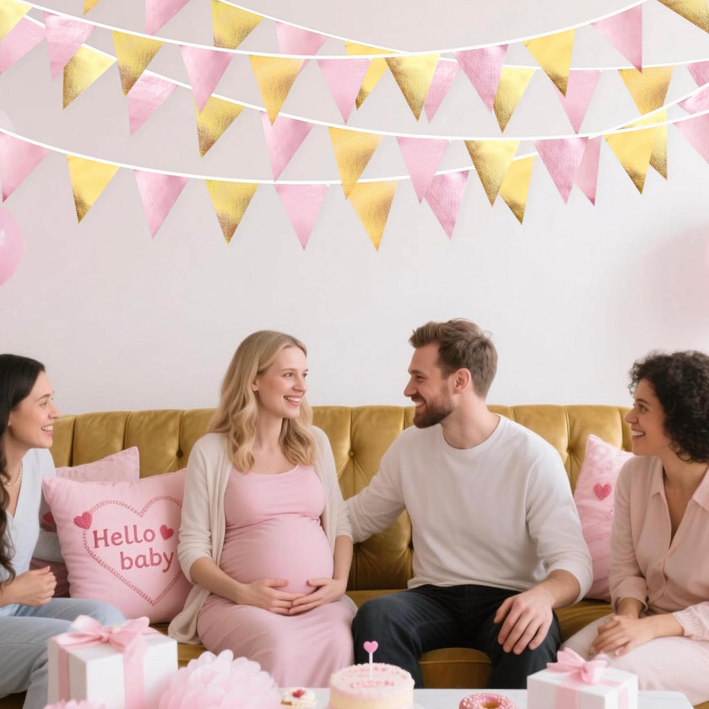 Pink Gold Party Decoration Metallic Fabric Light Pink Gold Triangle Pennant Banner Flag Bunting Garland for Women Girl Birthday Retirement Graduations Bridal Shower Wedding Baby Shower Party Supplies