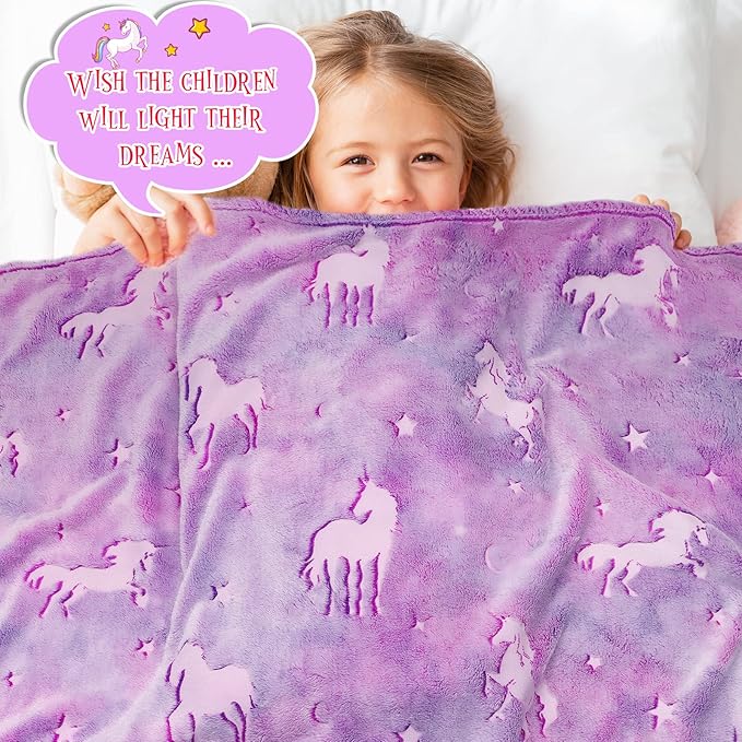 BORORO Unicorn Gifts Purple Glow in The Dark Blanket for Kids Unicorns Toys for Girls Cute Blankets for Birthday Halloween Christmas Valentines Gifts