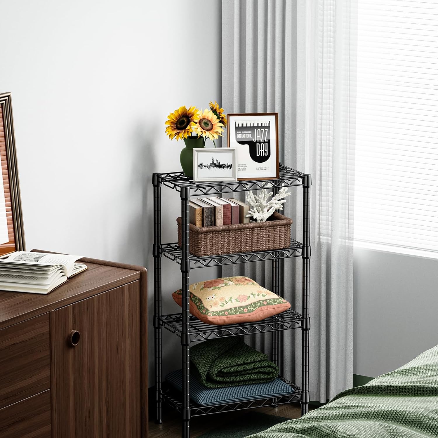 1000 lbs 4 Tier Shelf Metal Storage Shelves Wire Rack Closet Organizers with PP Board for Garage Kitchen Bathroom Laundry Black 11.8" D x 21.7" W x 39.5" H