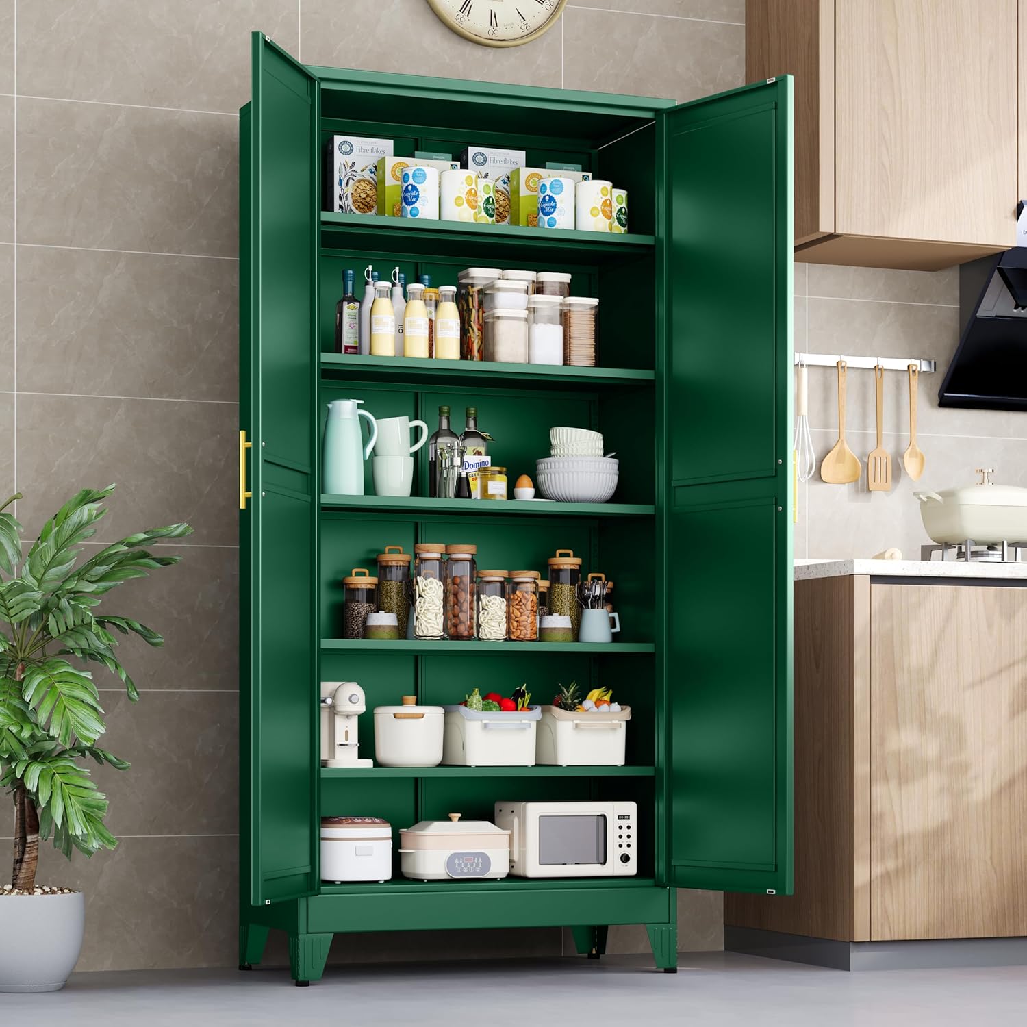 Kitchen Pantry Storage Cabinet with Doors and Adjustable Shelves, Metal ClosetMaid Food Pantry Cabinets, 75" Tall Freestanding Cupboard for Kitchen, Laundry or Utility Room, Green