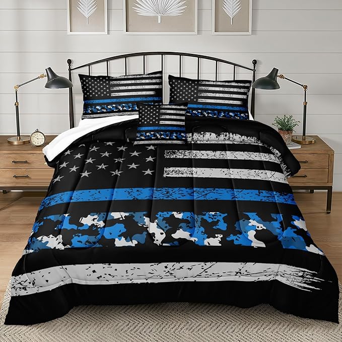 Bedbay American Flag Comforter Set Queen Teen Boys Military Bedding 4Pcs Camouflage Bedding Full Size Flag Camo Comforter Set Soft Lightweight Army Comforter Duvet Insert for All Season(Blue,Queen)
