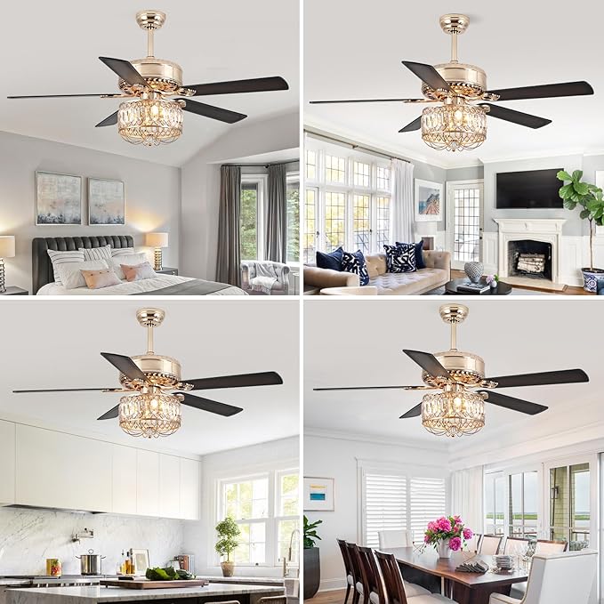 Chandelier Ceiling Fans with Lights - 52 Inch Modern Farmhouse Fandelier Ceiling Fan with Remote, Crystal Ceiling Fan Light for Bedroom Living Dining Room, Dual Finish Wooden Blades, Gold