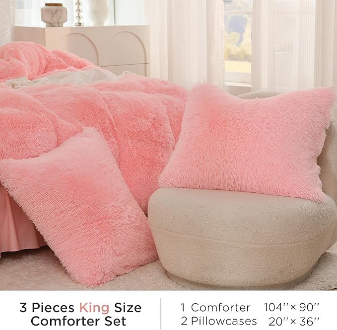 Litanika Fluffy Pink Comforter King Size, Luxury Shaggy Faux Fur Bedding Set Cute for Women Girls, Ultra Soft Velvet Plush Comforter King Bed 3 Pieces(1 Fuzzy Comforter 104×90 Inch, 2 Pillowcases)