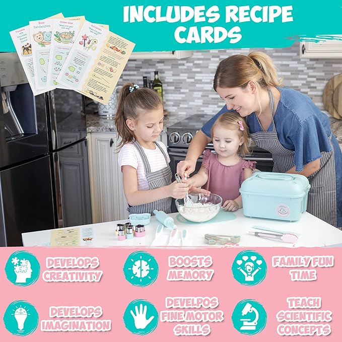 Kids Baking Set Real Cooking Set for Kids , Baking Supplies with Adult and Kid Aprons - Real Tools for Real Cooking Kids Baking Sets for Girls and Boys Kid Cooking Gift Set (Cyan)