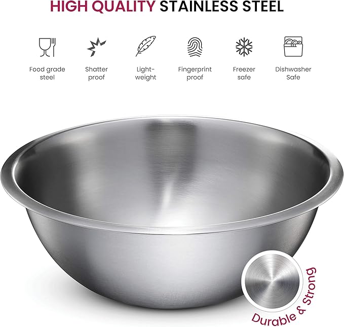 FineDine Stainless Steel Mixing Bowls (Set of 5) Stainless Steel Mixing Bowl Set - Easy To Clean, Nesting Bowls for Space Saving Storage, Great for Cooking, Baking, Prepping