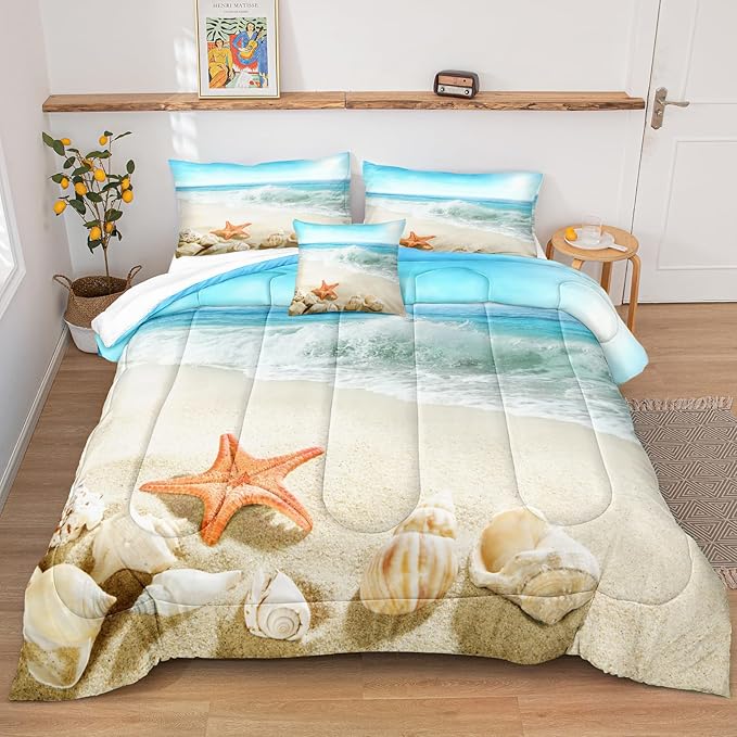 Bedbay Beach Theme Comforter Queen Seashell Comforter Set Beach Room Decor Starfish Seashore Beach Quilt Set 4 Pcs Beachy Comforter Set Coastal Bedding Quilt Set for All Seasons(Conch,Queen)