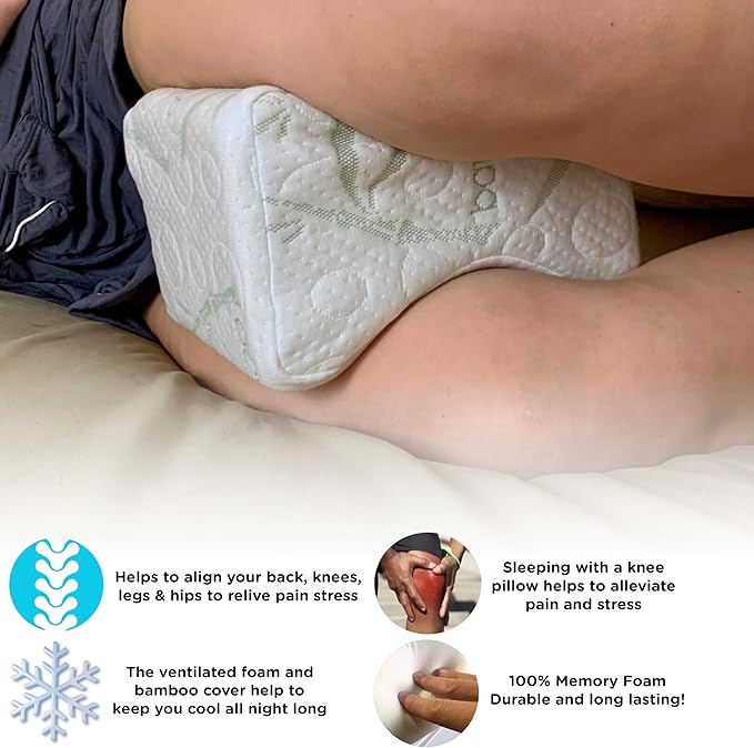 Sacred Thread Memory Foam Knee Pillow for Side Sleepers, for Knee, Hip, and Back Pain, Cooling Rayon Made from Bamboo Cover, Pillow for Between Legs (White Bone)