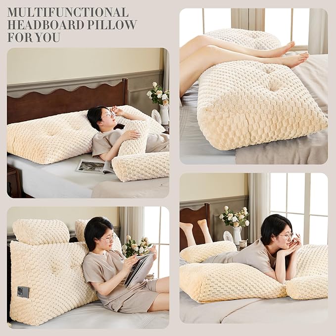 Wedge Headboard Pillow - Bed Wedge Pillow for Headboard Triangular Headboard Pillow with Neck Roll Pillow-Large Bolster Pillow for Sitting in Bed Backrest Positioning Support (Beige,76x8x20 Inches)