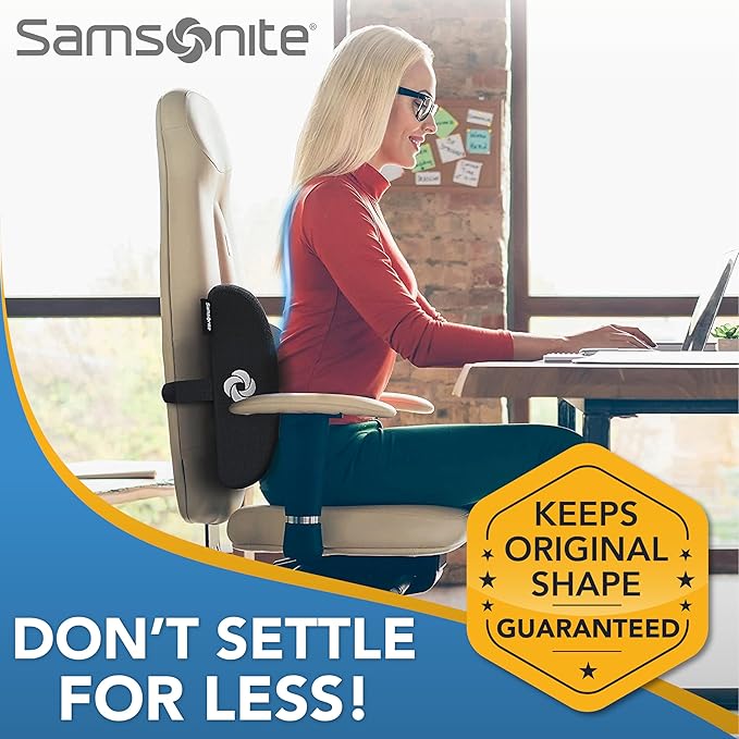 SAMSONITE Lumbar Support Pillow For Office Chair and Car Seat, Perfectly Balanced Memory Foam , Versatile Use Lower Back Cushion