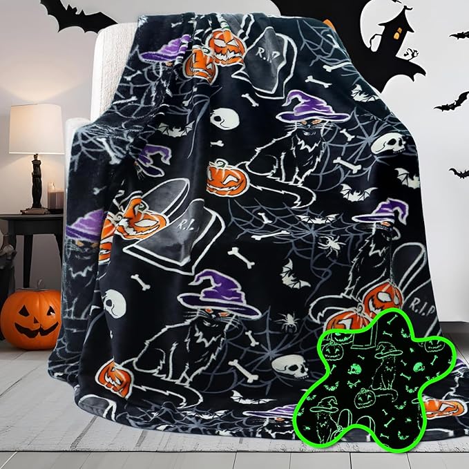 Halloween Throw Blankets Glow in The Dark Blanket Black Cat and Pumpkin Blanket Halloween Decorations Gifts for Women 60"x80"