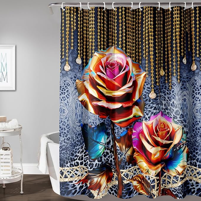 AILONEN Gold Rose Shower Curtain for Bathroom- Romantic Floral Shower Curtain -Polyester Fabric Waterproof Decoration- Plants Blue Black Leopard Flowers Bath Shower Curtains Washable, 36" W x 72" H
