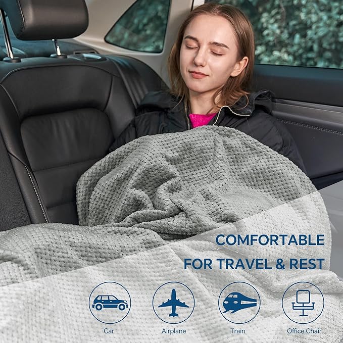 BEDELITE Travel Blanket Airplane Compact with Bag, Portable and Packable 2 in 1 Jacquard Travel Pillow and Blanket Set, Airplane Blanket Travel Essentials with Luggage Sleeve & Backpack Clip, Grey
