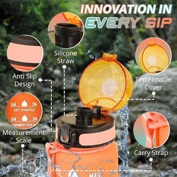 32 oz Water Bottle with Time Marker- Leak-Proof & BPA Free Reusable Gym Water Bottle - Easy to Carry Motivational Water Bottle for Fitness, Sports, Outdoor, Cycling, School (Yellow & Blue)