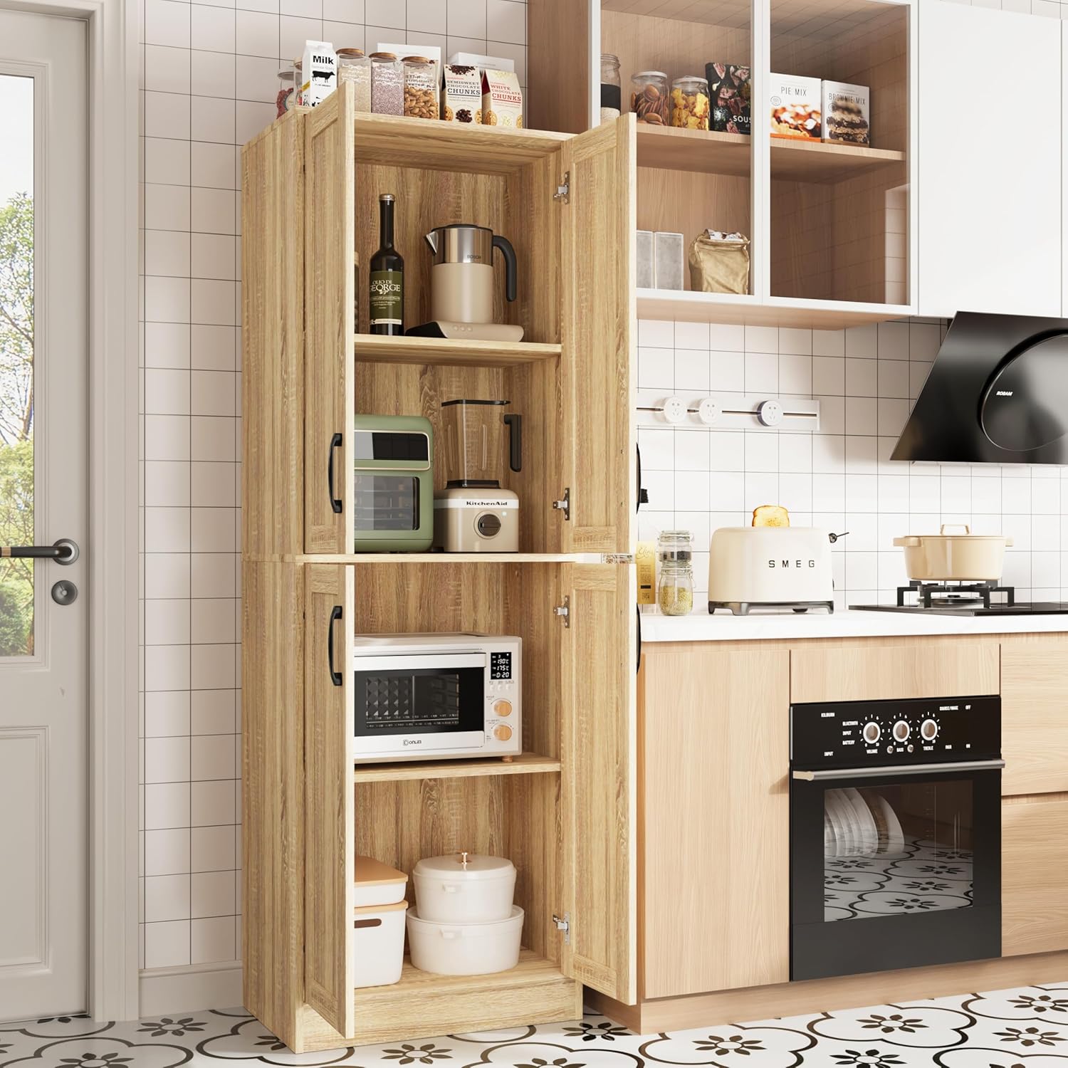 Storage Cabinet, Kitchen Cabinet with Doors & Shelf, Tall Storage Cabinet for Bathroom, Living Room, Entryway,Natural