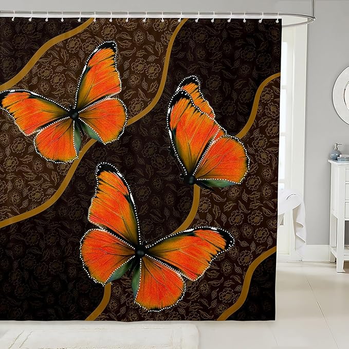 Feelyou Butterfly Shower Curtain 72"x72" Kids Butterflies Botanical Floral Print Bathroom Shower Curtain Set for Boys Girls Teens Geometric Stripes Bath Curtain Yellow Orange Bathroom Accessories