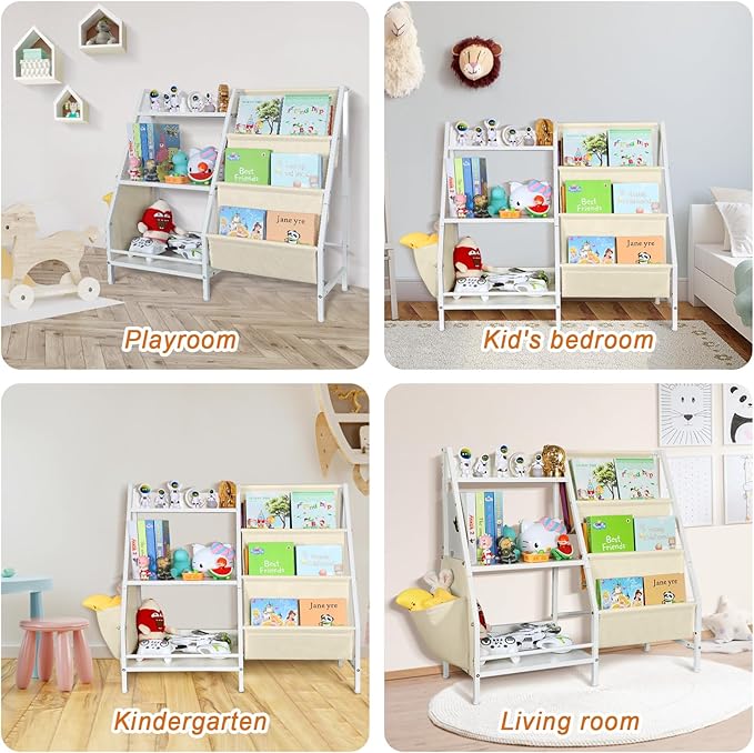 3-Tier Kids White bookshelf for Toy Storage and Display，Montessori Toddler bookcase Holds 100 Collection，Children Book Organizer Suitable for Toddler Baby Kid, Play Room,classroom,Nursery