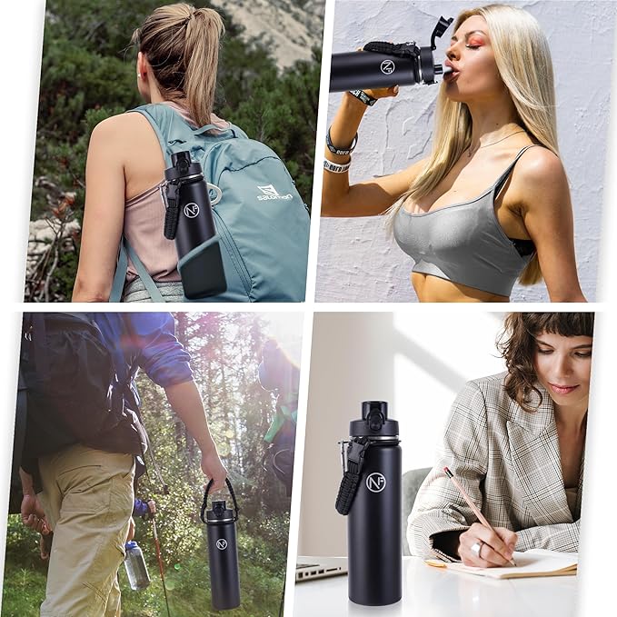 32 oz Insulated Water Bottle With Detachable Straw & Paracord Handle, Stainless Steel Thermos Water Bottle with Leakproof Lockable Lid, BPA-Free Sports Bottle (Black)
