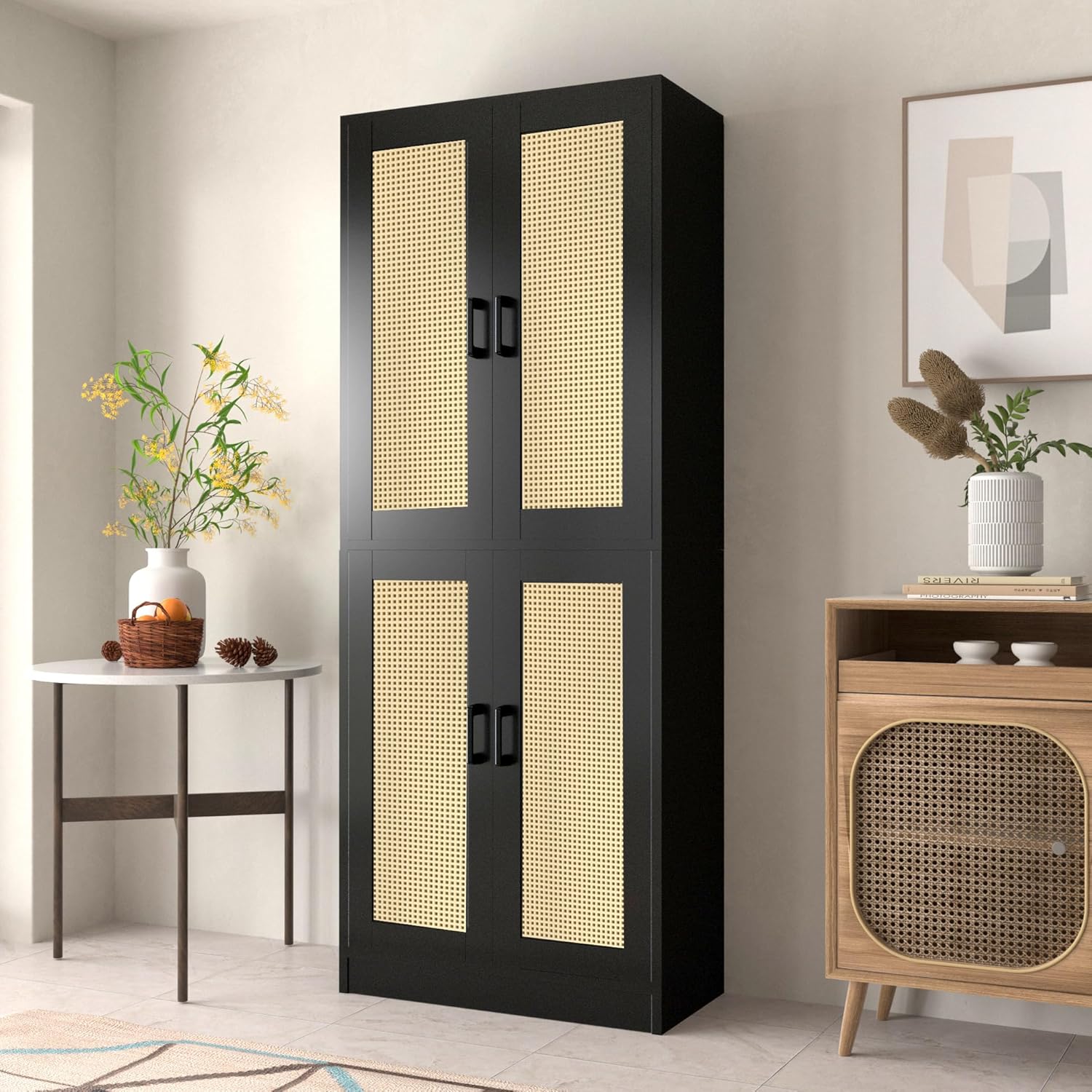 Black Rattan Kitchen Pantry, 71" Tall Storage Cabinet with Doors, Boho Hutch for Dining Room