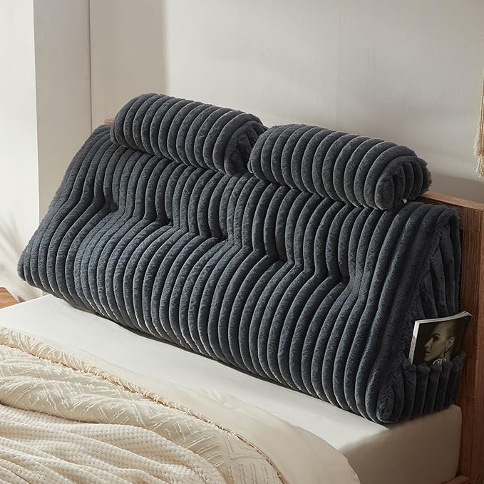 Faux Fur Headboard Pillow with 2 Pack Neck Roll Pillow Large Headboard Pillow Soft and Supportive with Removable Cover (Grey, Queen)