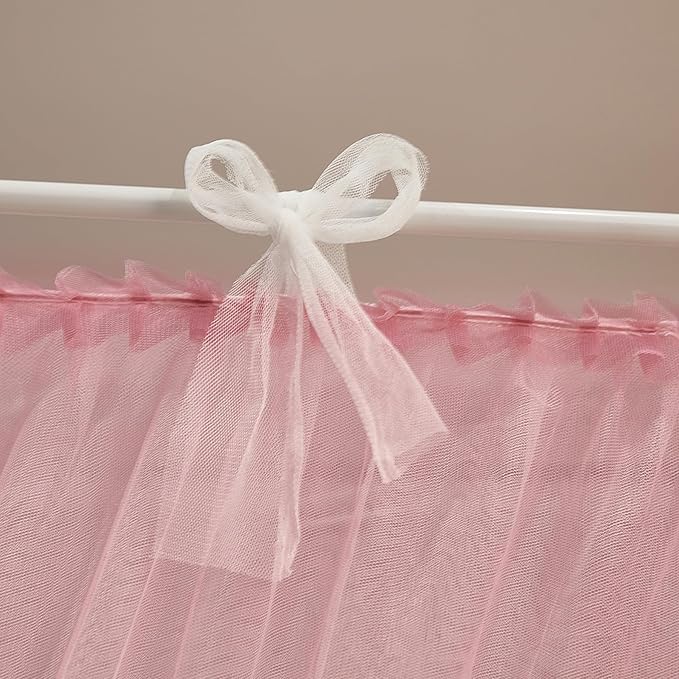4 Corners Post Princess Curtain Bed Canopy Lace Up Double Layer 4 Opening Mosquito Net Mesh for Girls Bedroom Decoration(Pink/White, 59" W*82" L*82" H/Queen)