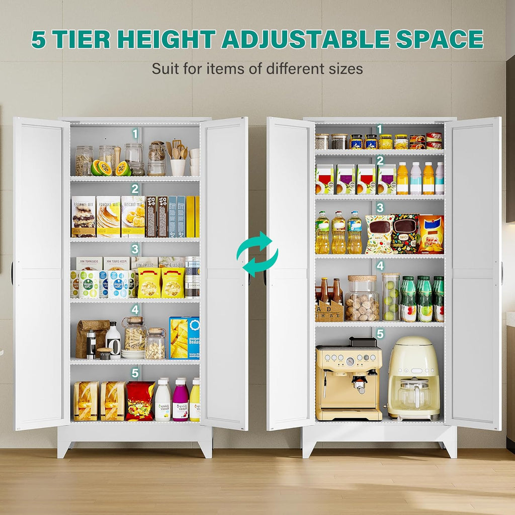 75" Tall Pantry Cabinet,Farmhouse Kitchen Pantry Storage Cabinets with 2 Doors and 5 Shelves,White Metal Storage Cabinet,Large Cupboard for Home,Kitchen,Dining/Living Room