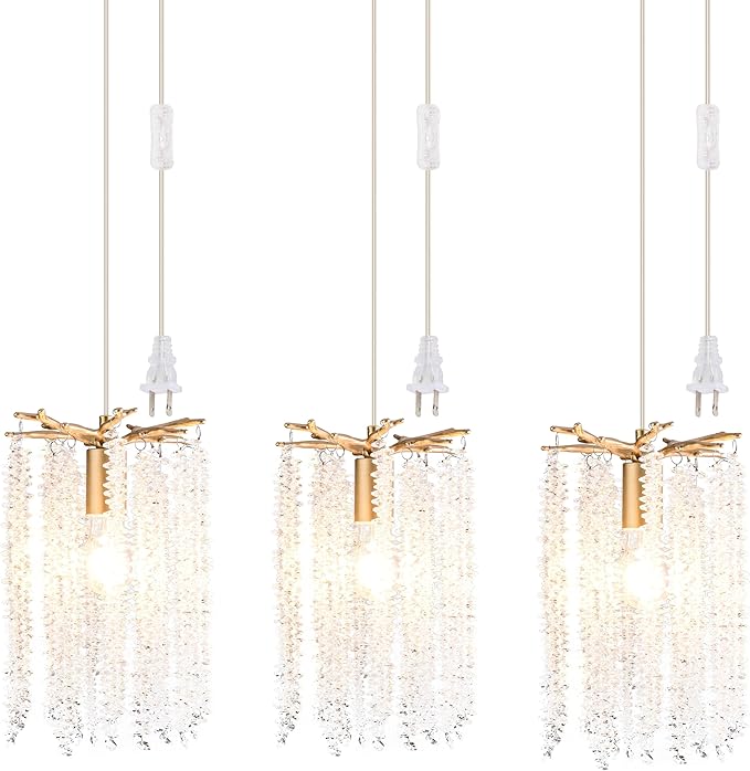 MO&OK Plug in Crystal Chandelier 3 Light with 15Ft Cord Modern Pendant Light for Bedroom Mini Antler Hanging Lamp for Kitchen Island Dinning Bedrooms and Hallway