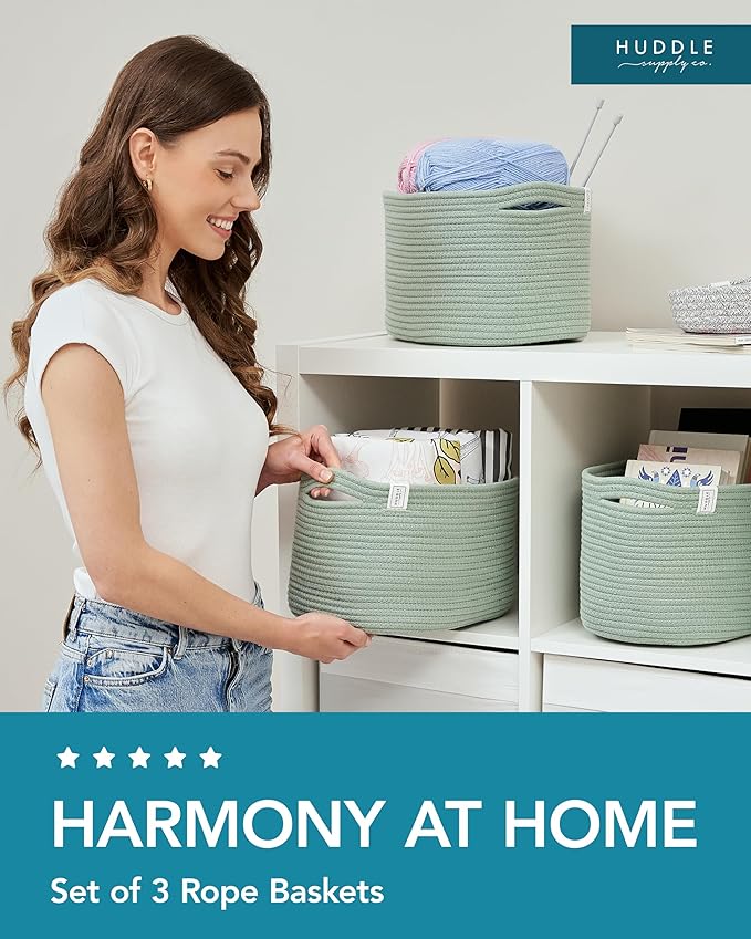 3 WASHABLE Woven Baskets for Storage Baskets for Shelves Large Cotton Rope Baskets for Organizing Decorative Storage Bins Bathroom, Shelves, Toys,Storage Cube Bins, Small Baskets (Sage Green)