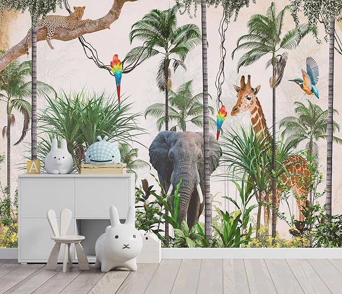3D Safari Wallpaper Tropical Jungle and Animals Plant Wallpaper Mural for Bedroom Kids Room (Not Peel and Stick)
