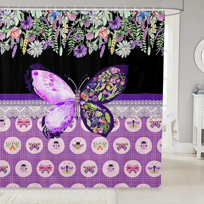 Feelyou Butterfly Shower Curtain 72"x78" Botanical Floral Flower Printed Bathroom Shower Curtain Set for Boys Girls Teens Black Purple Bath Curtain Garden Animal Natural Theme Bathroom Accessories